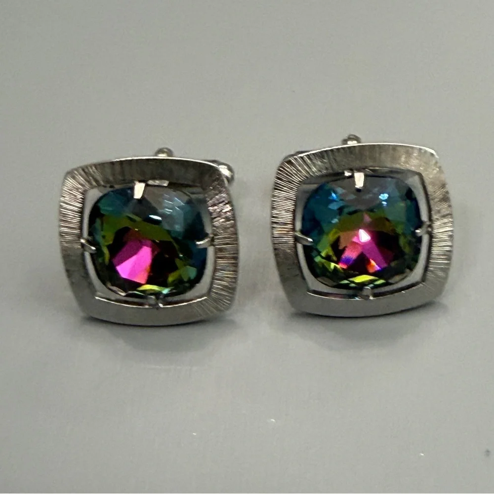 Vintage Anson Silver Set Watermelon Rhinestone Mid Century Modern Cufflinks